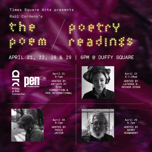 Outdoor Evening Poetry Reading April 21 Celebrates Cuban Artist Raul Cordero’s Art Installation “THE POEM” in NYC